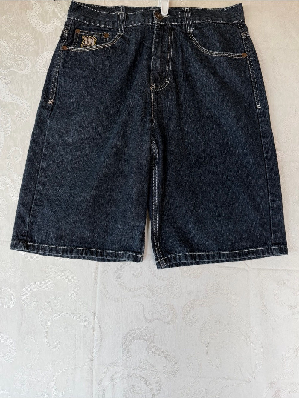 Men's Dark Wash Denim Jean Shorts with Subtle Pocket Emblem